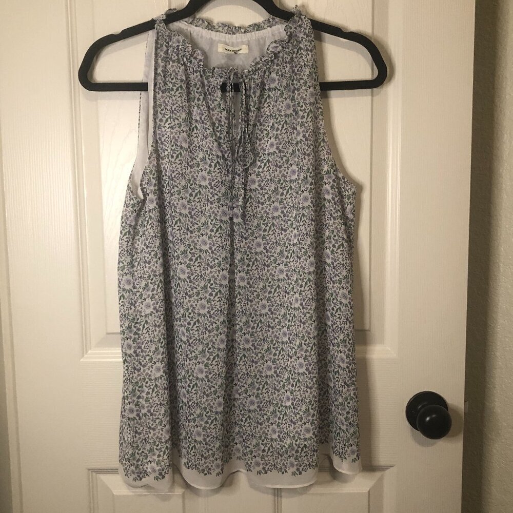 Max Studio green/purple/white floral chiffon sleeveless‎ tie-neck blouse size S